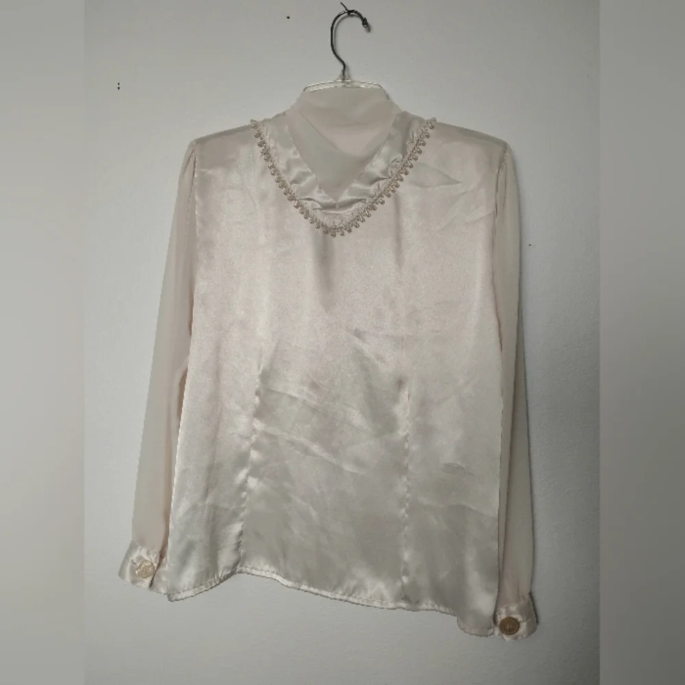 Vintage Nicola Satin Button Up Bead Shawl Collar Sheer Long Sleeve - Picture 4 of 5